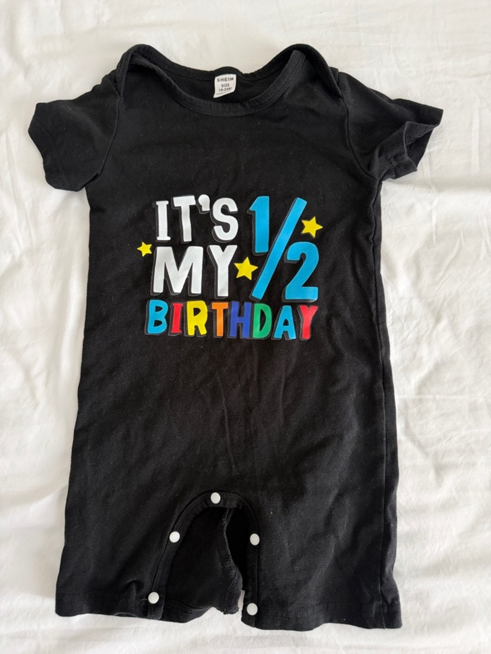 SHEIN Black Baby Romper with Colorful "It's My 1/2 birthday” Graphic
